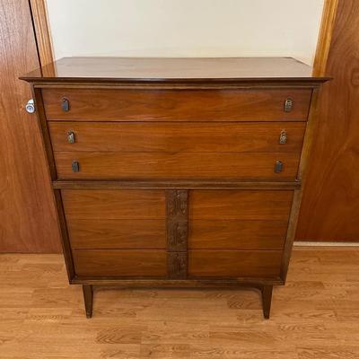 Bassett “Mayan” Mid Century Modern Highboy Vintage Dresser & Headboard