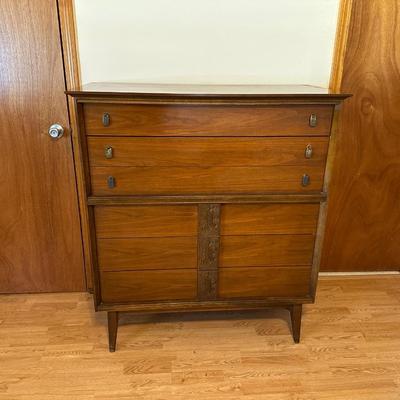 Bassett “Mayan” Mid Century Modern Highboy Vintage Dresser & Headboard