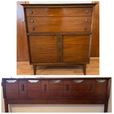 Bassett “Mayan” Mid Century Modern Highboy Vintage Dresser & Headboard