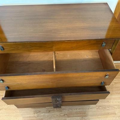 Bassett “Mayan” Mid Century Modern Highboy Vintage Dresser & Headboard