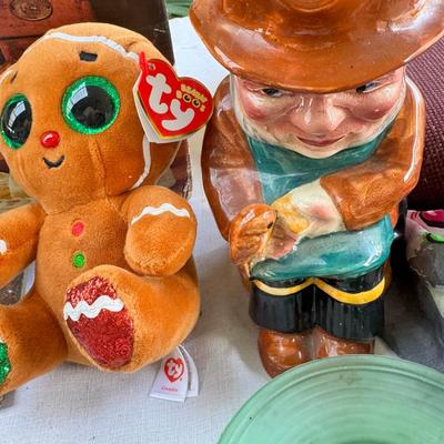 Sale Photo Thumbnail #92: silk scarves, Ceramic Toby, TY Ginger bear, 1940s crib, 1940s shoe horns, vintage containers.