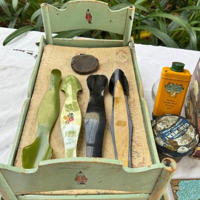 Sale Photo Thumbnail #101: silk scarves, Ceramic Toby, TY Ginger bear, 1940s crib, 1940s shoe horns, vintage containers.