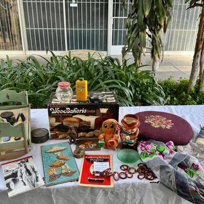 Sale Photo Thumbnail #88: silk scarves, Ceramic Toby, TY Ginger bear, 1940s crib, 1940s shoe horns, vintage containers.