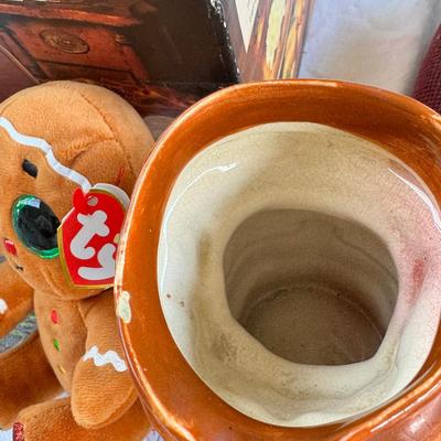 Sale Photo Thumbnail #94: silk scarves, Ceramic Toby, TY Ginger bear, 1940s crib, 1940s shoe horns, vintage containers.