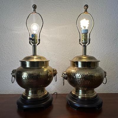 Pair of Vintage Brass Foo Dog Hammered Lamps