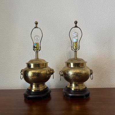 Pair of Vintage Brass Foo Dog Hammered Lamps