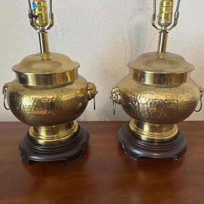 Pair of Vintage Brass Foo Dog Hammered Lamps