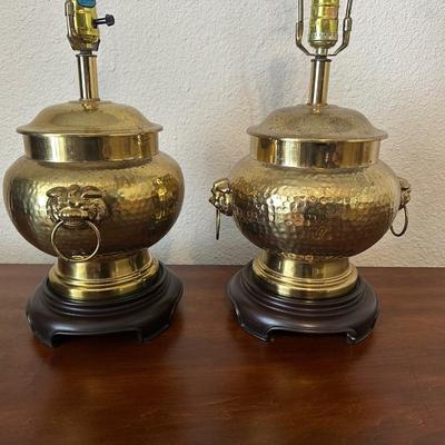 Pair of Vintage Brass Foo Dog Hammered Lamps