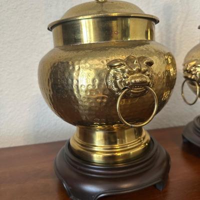 Pair of Vintage Brass Foo Dog Hammered Lamps