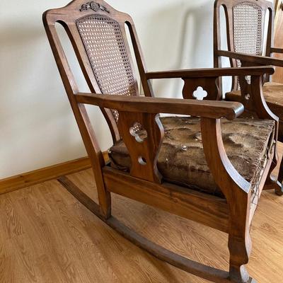 Pair of Antique Cane-Back Armchair and Rocker