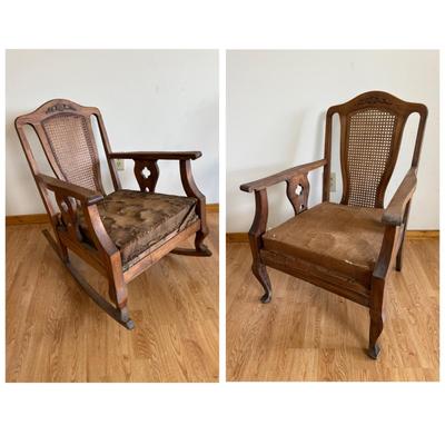 Pair of Antique Cane-Back Armchair and Rocker