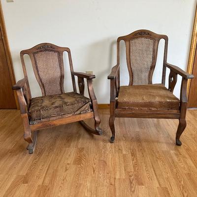 Pair of Antique Cane-Back Armchair and Rocker