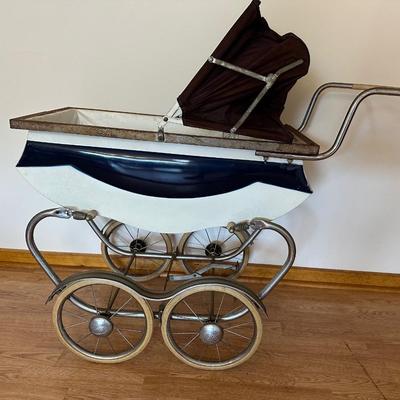Pair of Vintage Baby Carriages – Bilt-Rite Spoked Stroller & White Wicker Bassinet
