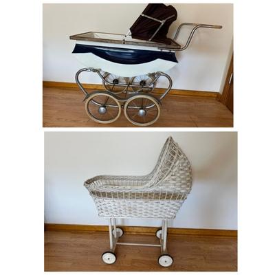 Pair of Vintage Baby Carriages – Bilt-Rite Spoked Stroller & White Wicker Bassinet