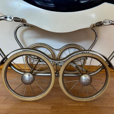 Pair of Vintage Baby Carriages – Bilt-Rite Spoked Stroller & White Wicker Bassinet