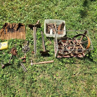 Primitive Antique Tools Hardware Wood Plane Cast Iron Wheels Hand Drills