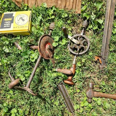 Primitive Antique Tools Hardware Wood Plane Cast Iron Wheels Hand Drills