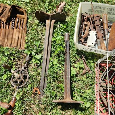 Primitive Antique Tools Hardware Wood Plane Cast Iron Wheels Hand Drills