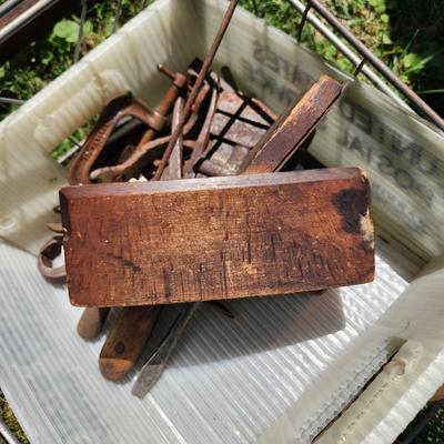 Primitive Antique Tools Hardware Wood Plane Cast Iron Wheels Hand Drills
