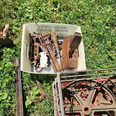 Primitive Antique Tools Hardware Wood Plane Cast Iron Wheels Hand Drills