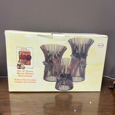 Nice Set of 3 Metal Wheat Hurricane Pillar Candle Holders