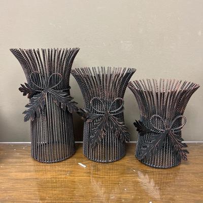 Nice Set of 3 Metal Wheat Hurricane Pillar Candle Holders