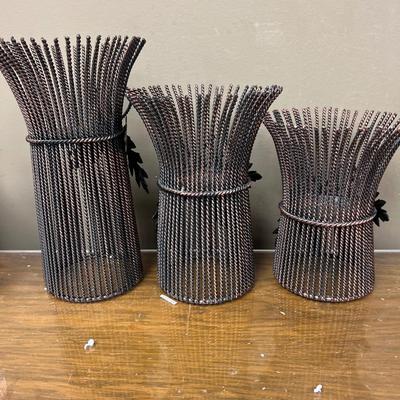 Nice Set of 3 Metal Wheat Hurricane Pillar Candle Holders