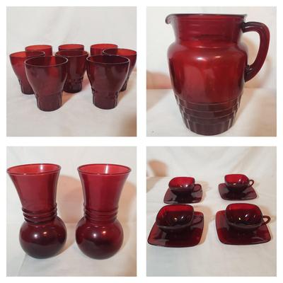 Red Glass Dishes and Pitcher (K-KD)