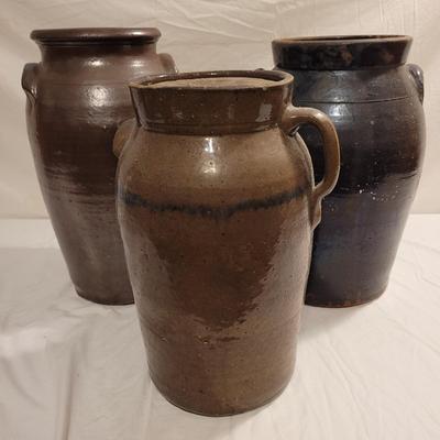 Three Antique Stoneware Butter Churn Crocks (FE-EL)