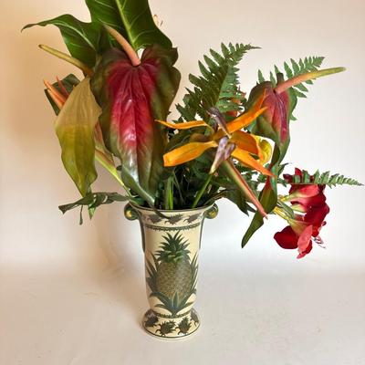 O491 Large Pottery Pineapple Vase with Tropical Silk Flowers