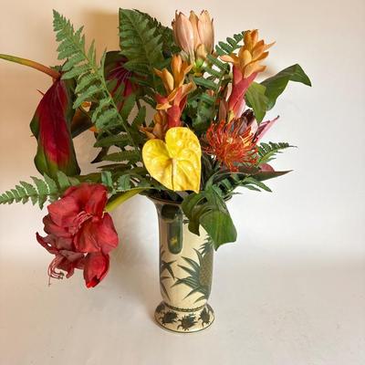O491 Large Pottery Pineapple Vase with Tropical Silk Flowers