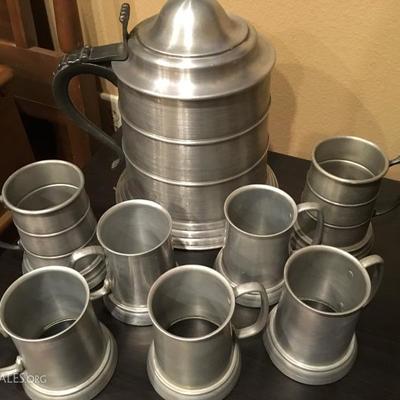 Pewter Beer Stein with 7 Clear Bottom Mugs