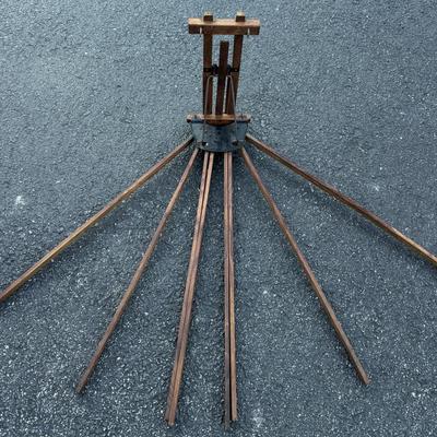 Vintage Wood and Metal Wall Mounted Clothes Drying Rack. 8 Folding Arms.