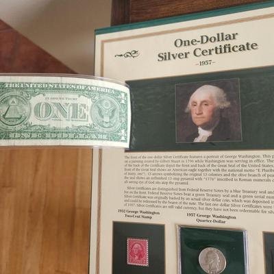 History U.S. Currency Postal Commemorative Society Vintage Silver Certificate $1, Red $2 and $5 Dollar Bills, 1957 Silver Quarter