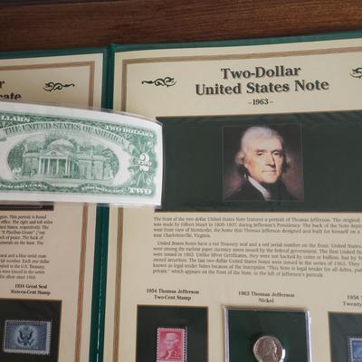 History U.S. Currency Postal Commemorative Society Vintage Silver Certificate $1, Red $2 and $5 Dollar Bills, 1957 Silver Quarter