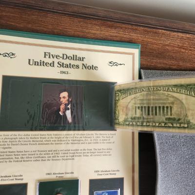 History U.S. Currency Postal Commemorative Society Vintage Silver Certificate $1, Red $2 and $5 Dollar Bills, 1957 Silver Quarter