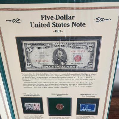 History U.S. Currency Postal Commemorative Society Vintage Silver Certificate $1, Red $2 and $5 Dollar Bills, 1957 Silver Quarter