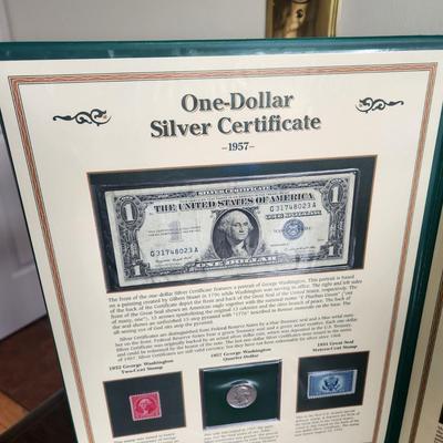 History U.S. Currency Postal Commemorative Society Vintage Silver Certificate $1, Red $2 and $5 Dollar Bills, 1957 Silver Quarter