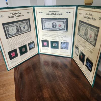 History U.S. Currency Postal Commemorative Society Vintage Silver Certificate $1, Red $2 and $5 Dollar Bills, 1957 Silver Quarter