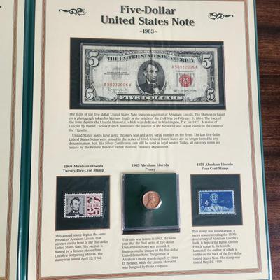 History U.S. Currency Postal Commemorative Society Vintage Silver Certificate $1, Red $2 and $5 Dollar Bills, 1957 Silver Quarter