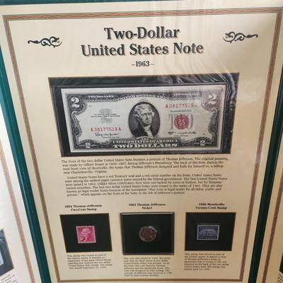 History U.S. Currency Postal Commemorative Society Vintage Silver Certificate $1, Red $2 and $5 Dollar Bills, 1957 Silver Quarter