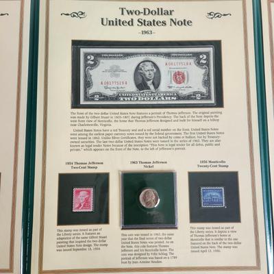 History U.S. Currency Postal Commemorative Society Vintage Silver Certificate $1, Red $2 and $5 Dollar Bills, 1957 Silver Quarter