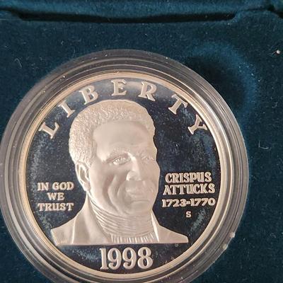 United States Mint 1998 S Crispus Attucks Proof Silver Dollar w COA