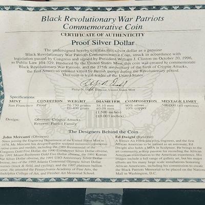 United States Mint 1998 S Crispus Attucks Proof Silver Dollar w COA