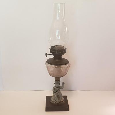 LOT 75F: Antique Cherub & Etched Glass Oil Lamp