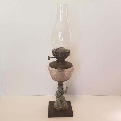 LOT 75F: Antique Cherub & Etched Glass Oil Lamp