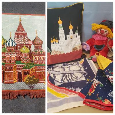 LOT 76: Russian Rug & Pillow with Hand Made Doll & More