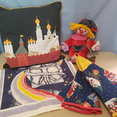 LOT 76: Russian Rug & Pillow with Hand Made Doll & More