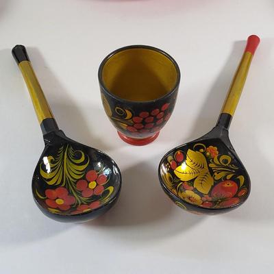 LOT 85D: Hand Painted Floral & Fruit Wooden Dishware Made in USSR