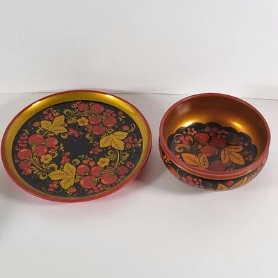 LOT 85D: Hand Painted Floral & Fruit Wooden Dishware Made in USSR